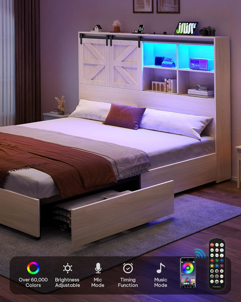 DWVO Farmhouse Queen Size Bed Frame with Storage Bookcase Headboard