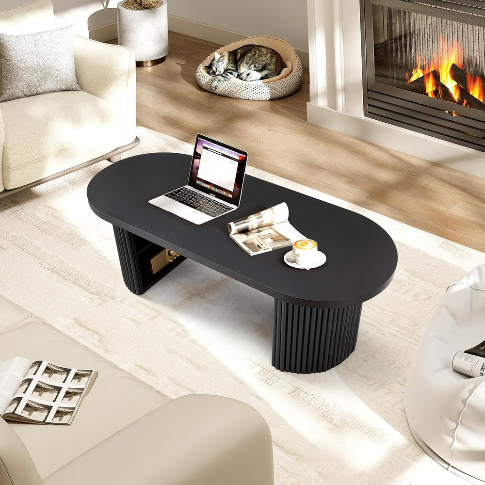 Oval Fluted Coffee Table, 47" Farmhouse Wood Coffee Table Mid Century Mo...