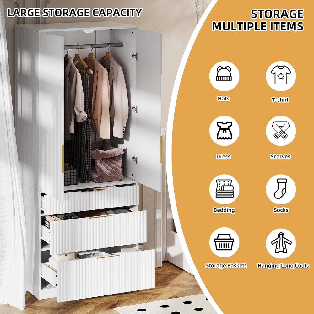 TOKSOM 70" Wardrobe Armoire Wooden Closet with 2 Doors and 3 Drawers, Be...