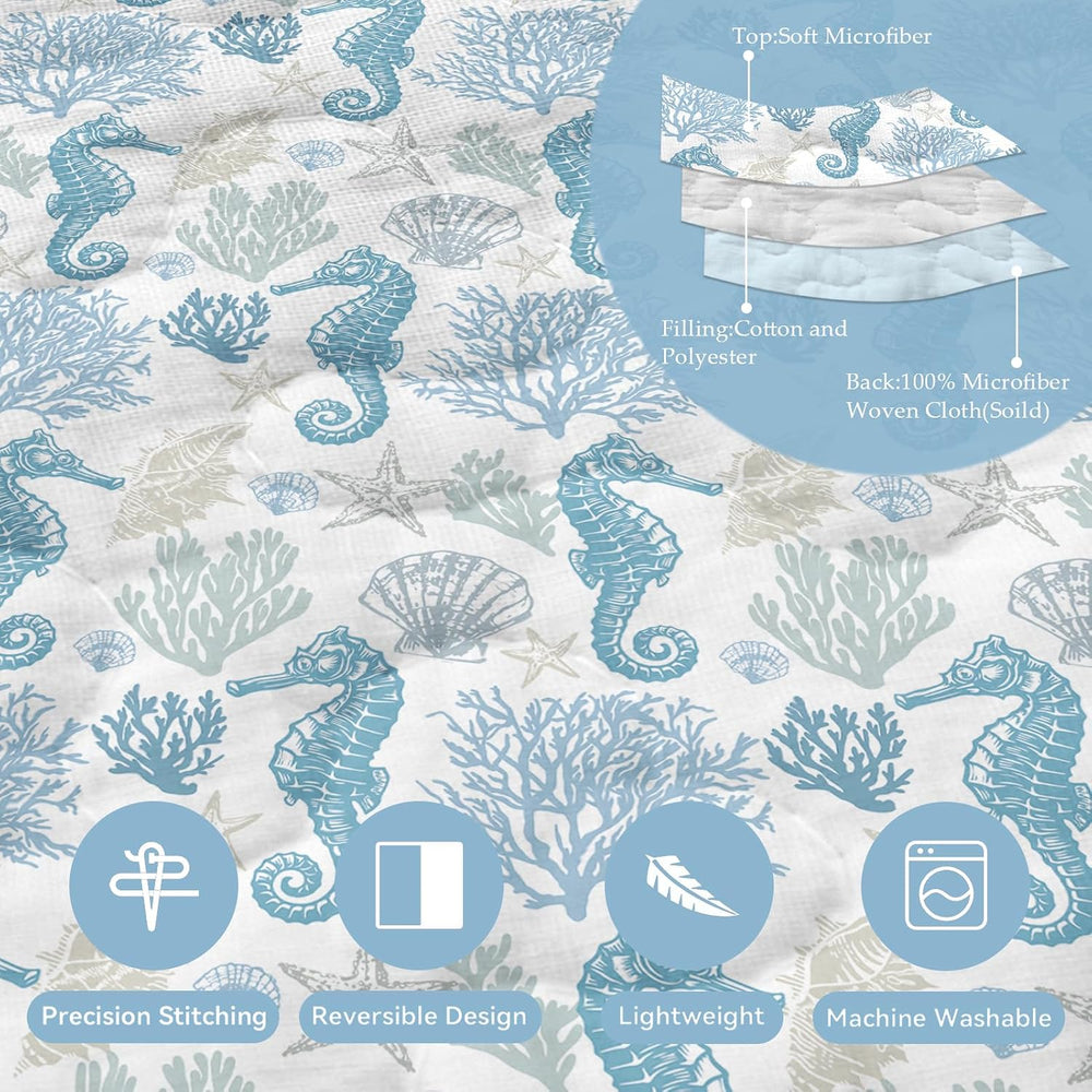 California King Quilt Set, Coastal Seahorse Bedding, 3 Piece, 106"x118&q...
