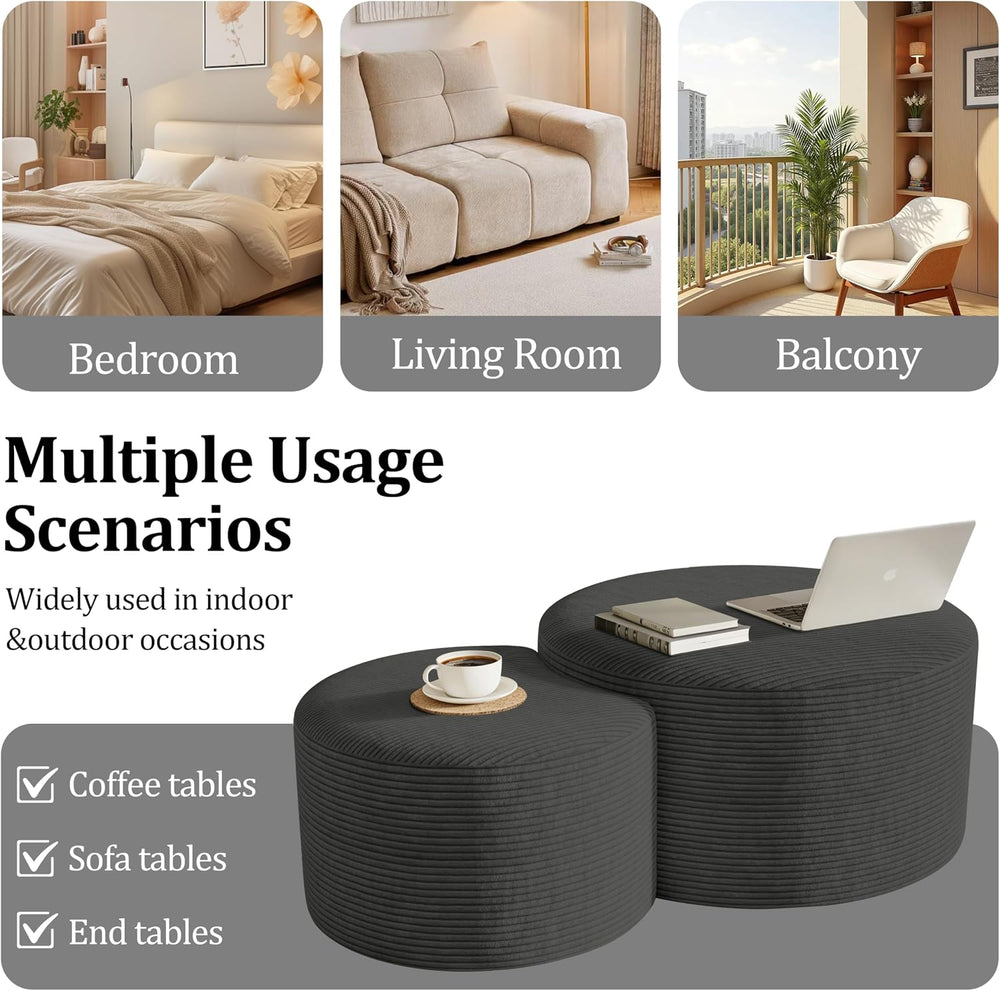 Round Nesting Coffee Table Set of 2,Upholstered Foam Ottoman Footrest Side Ta...