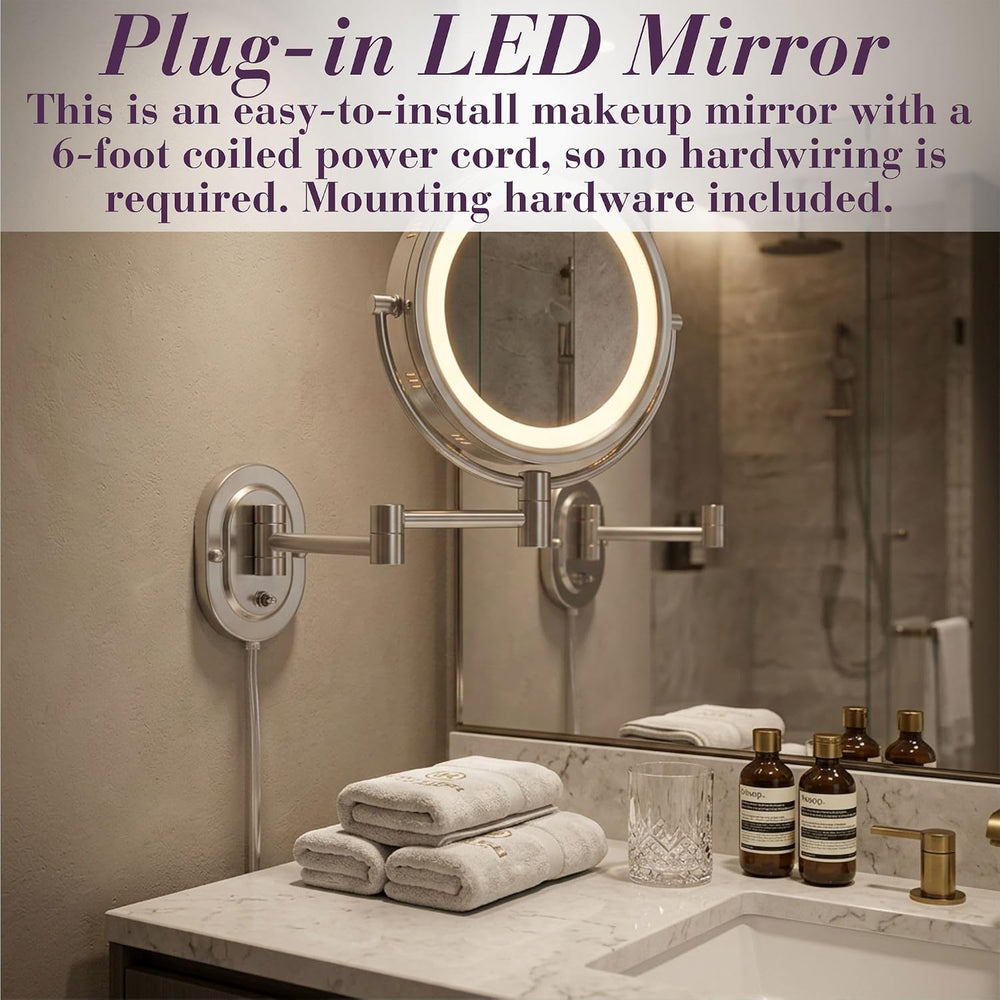 JERDON Lighted Wall-Mount Makeup Mirror - 5X Magnification - Nickel - HL65N