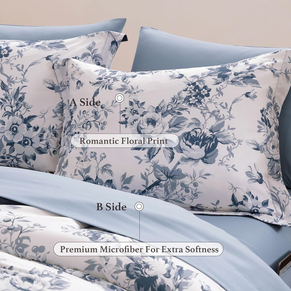 BLOOMHAVEN Queen Comforter Set-7 Pieces Blue Floral Bed in a Bag Queen