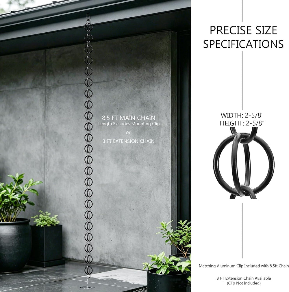 3 ft Aluminum Rain Chain for Gutters Outside, 2.6in Big Ring Link