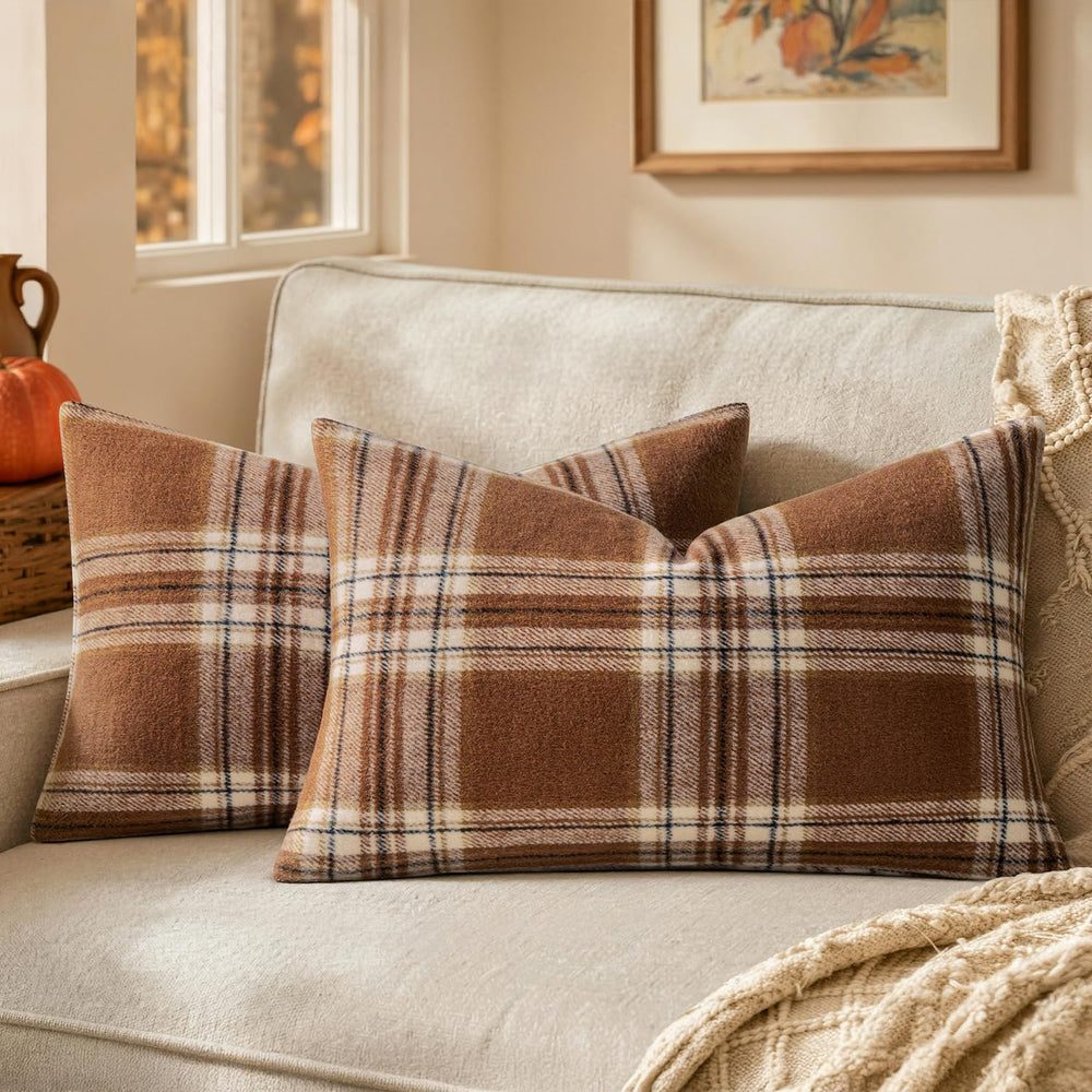 MIULEE Fall Plaid Decorative Lumbar Pillow Covers Set of 2 12x20 Brown