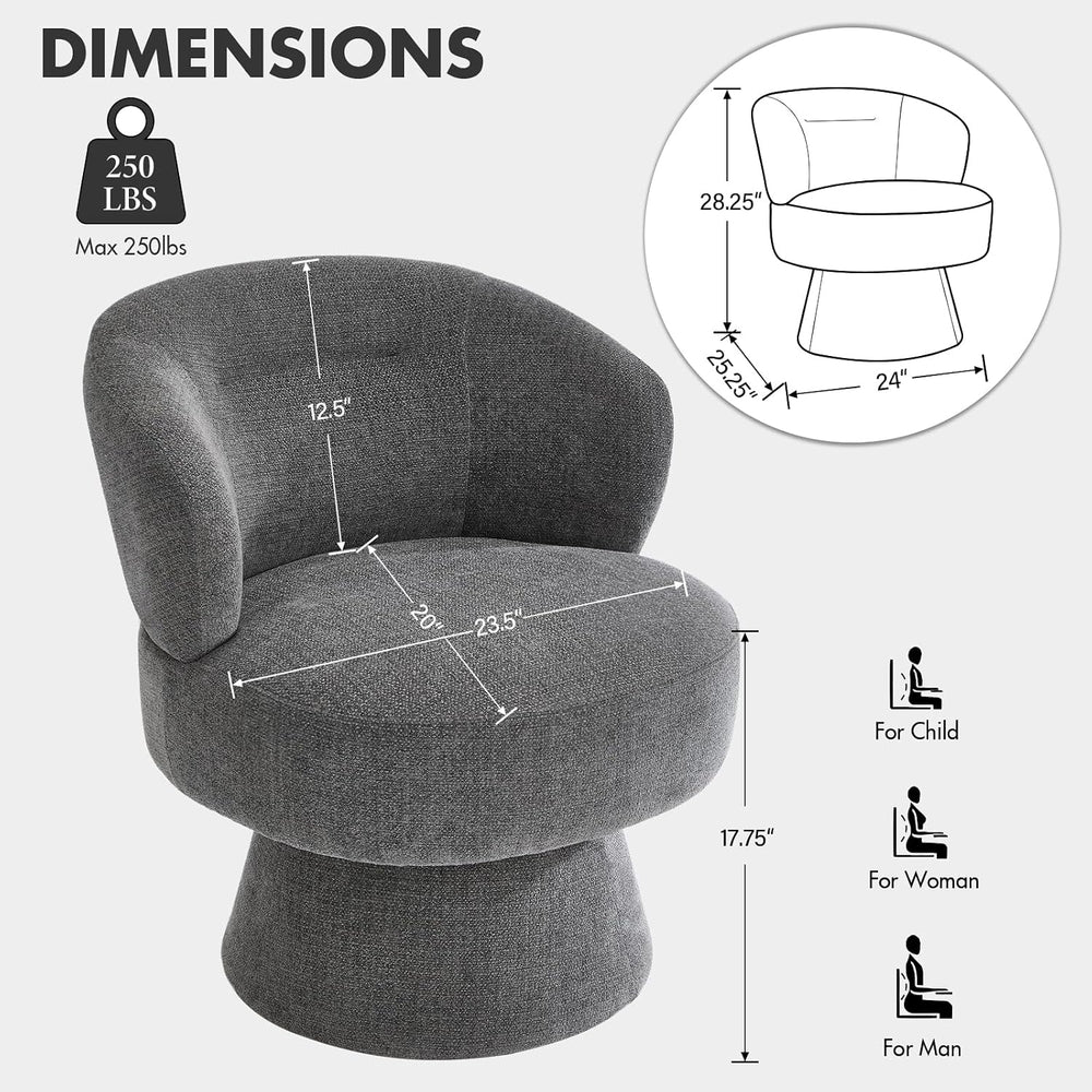 360° Swivel Accent Chair, Gray Chenille Barrel Armchair with Curved Back and ...