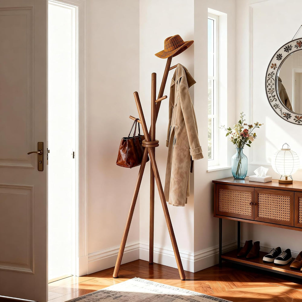 VICITON Wooden Coat Rack, Tripod Coat Tree Freestanding with 3 Hooks for Clot...