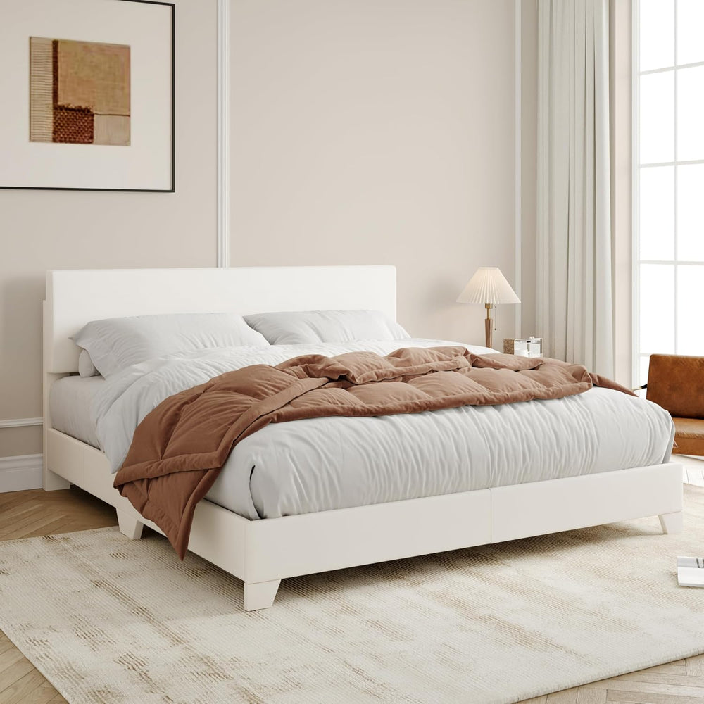 Allewie Queen Size Upholstered Bed Frame Adjustable Headboard, White