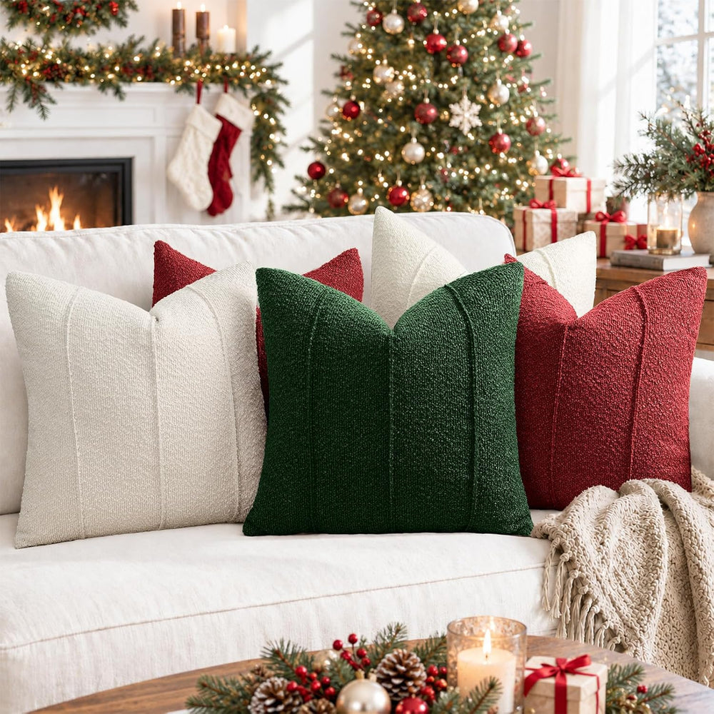 YCOLL Christmas Green Boucle Pillow Covers 24x24 Set of 2, Textured Christmas...