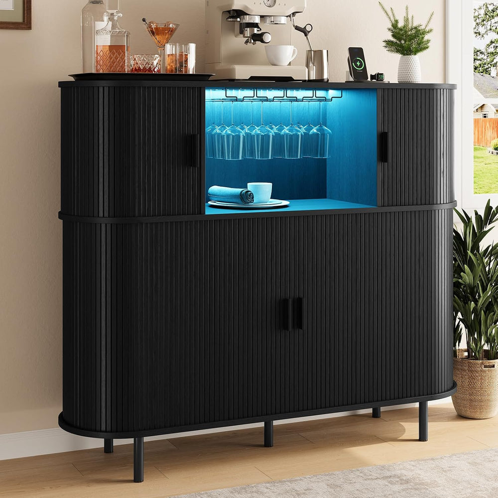 ONBRILL 55" Fluted Wine Bar Cabinet with Power Outlet Black