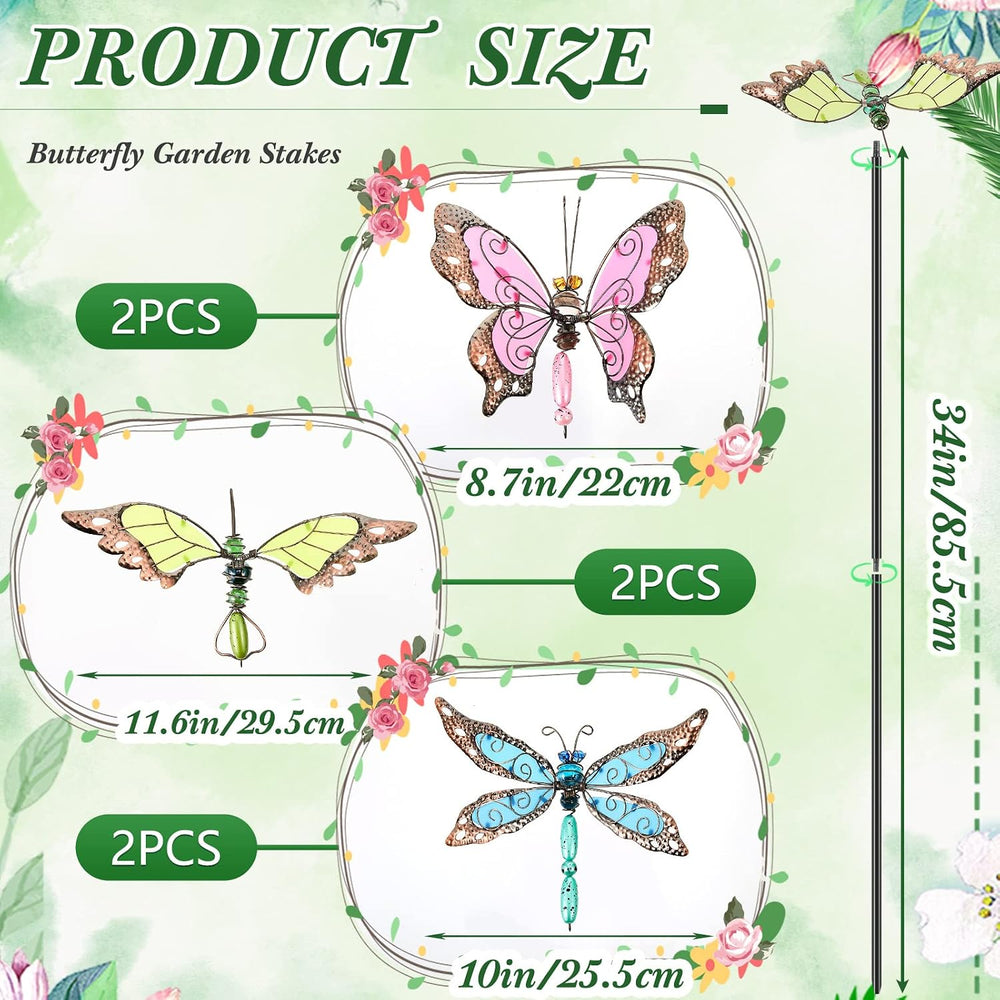 6 Pcs Metal Butterfly Garden Stakes Decor 34 Inch Dragonfly Hummingbird Butte...