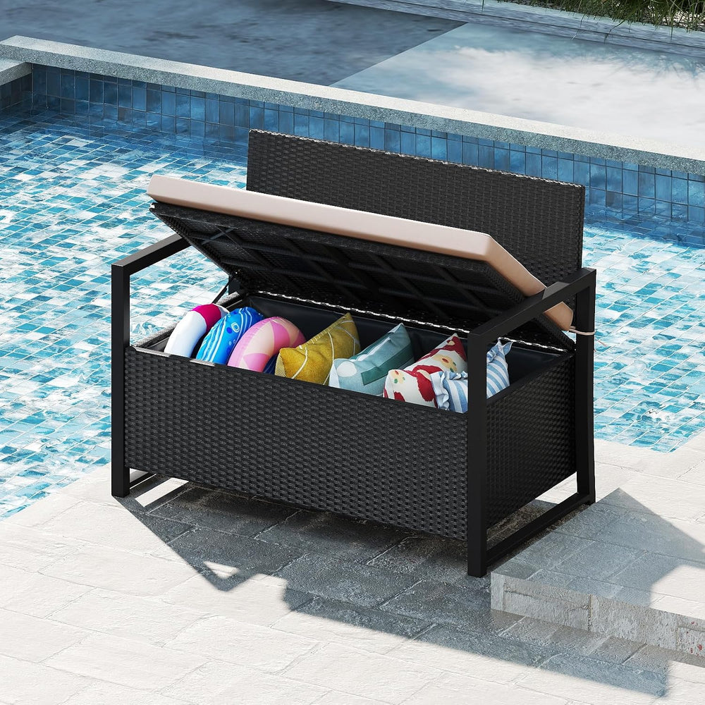 Tangkula 40 Gallon Rattan Outdoor Bench with Storage & Cushions