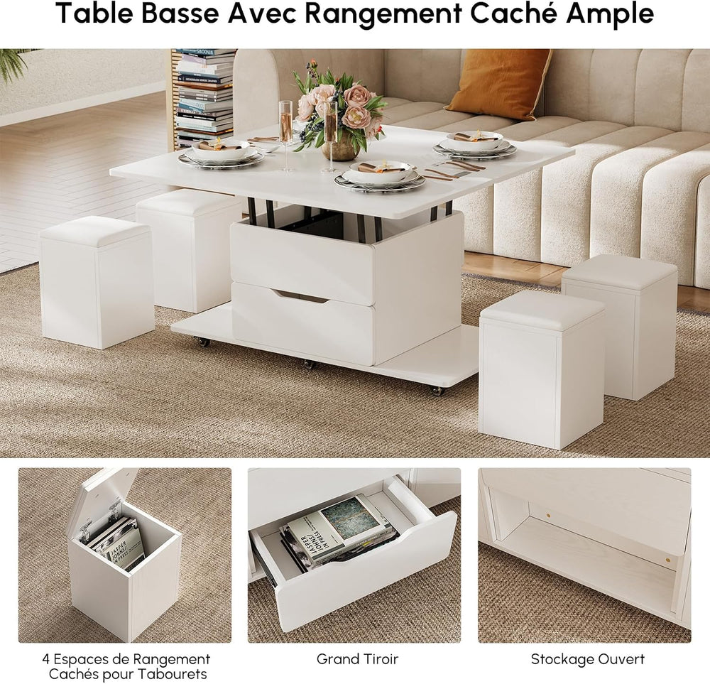 homary White Lift Top Coffee Table with Hidden Storage, 3 in 1 Multi-Function...