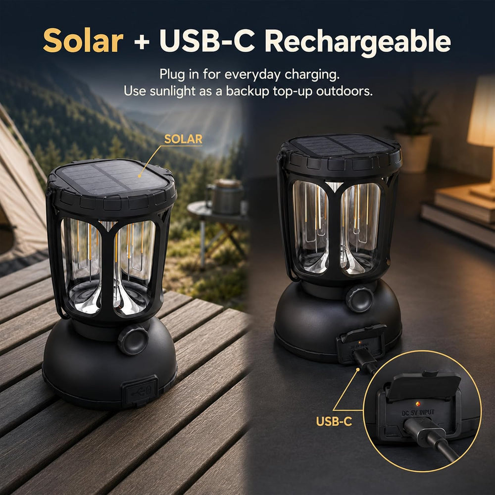 Raynic Camping Lanterns 2 Pack, USB-C & Solar Rechargeable, Long Last