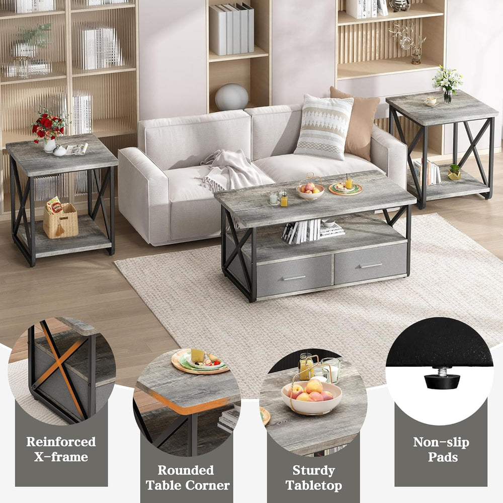 DKLGG 3 Piece Coffee Table Set for Living Room with Fabric Drawers and Storag...