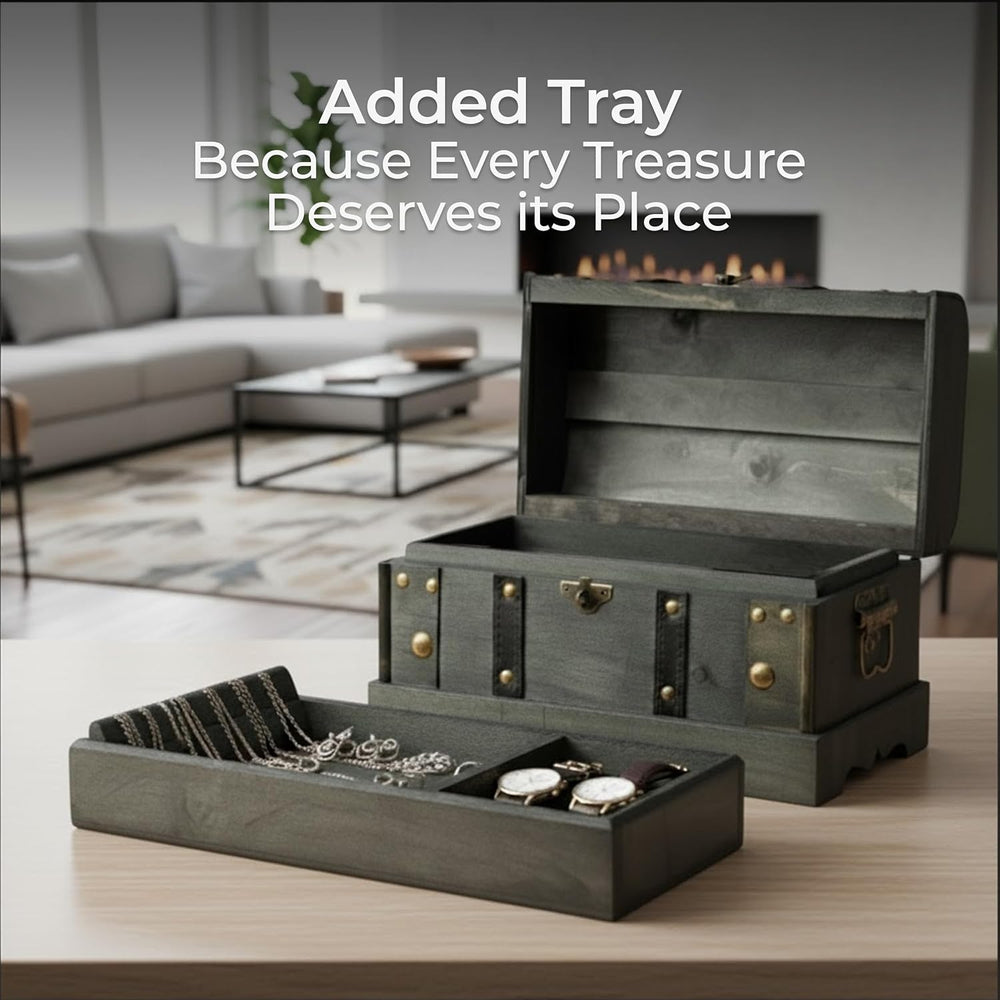 Wooden Treasure Chest Box with Tray, Lockable Keepsake Trunk, 11.8x7x7 in