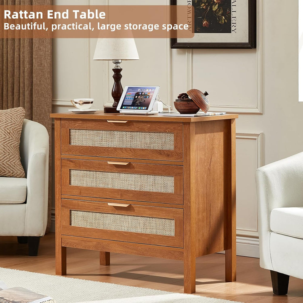 LEYAOYAO 31.5" Wide Rattan Nightstands Set of 2 with Charging Station