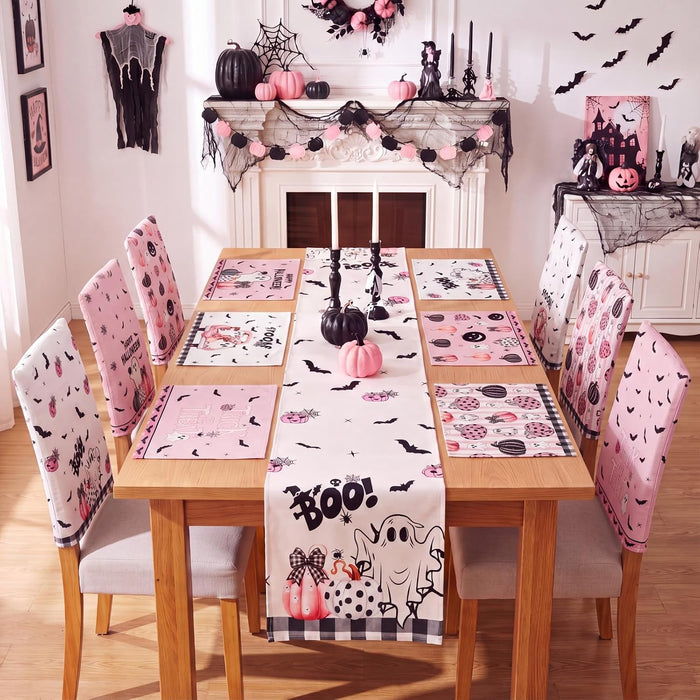Newtay 13 Pcs Pastel Halloween Table Runner Placemats and Chair Cover Set