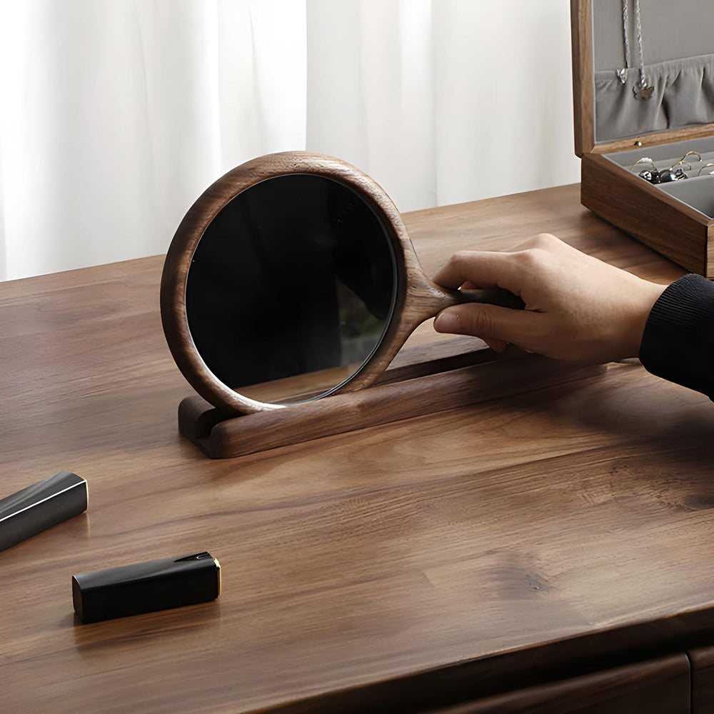 Solid Black Walnut Hand Mirrors, Wooden Handheld Mirrors with Stand, Makeup