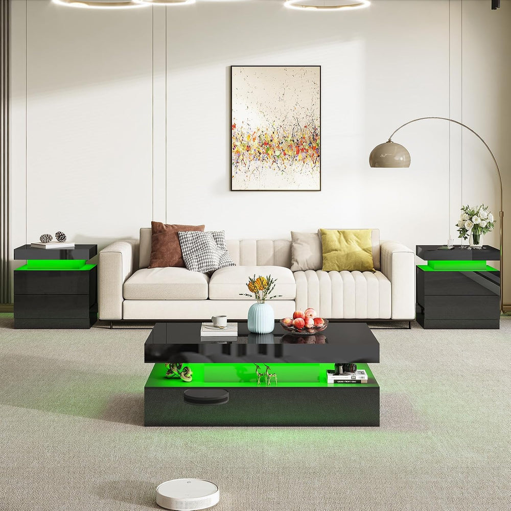AMERLIFE 3-Piece High Gloss Living Room Table Set with LED Lights, Modern Cof...