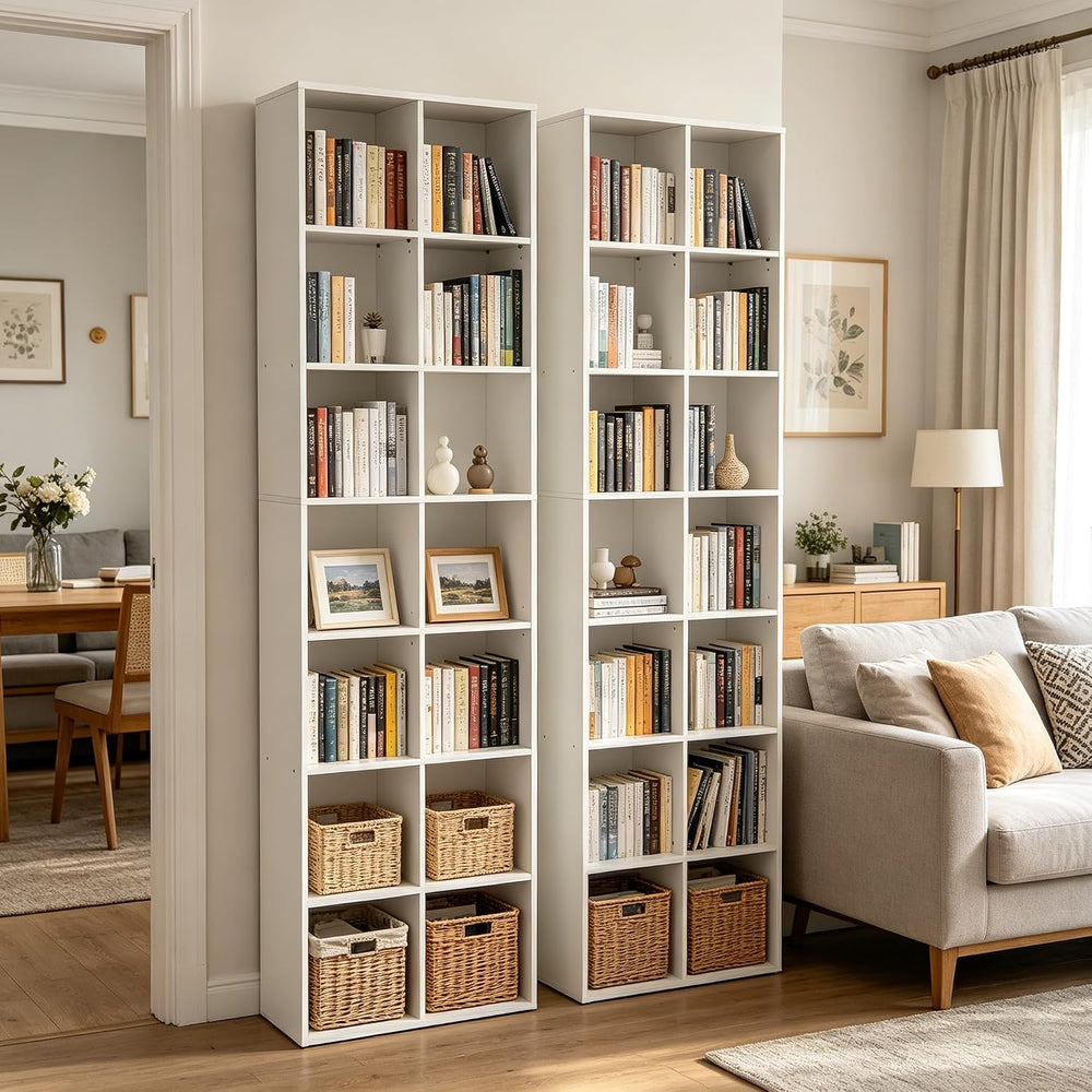 71" Tall Shallow Bookcase DVD Storage Shelf, 14 Cubes 7 Tier Narrow Wide...