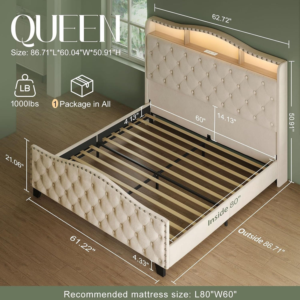 Belffin Platform Bed Frame with 50.9" LED Headboard, Queen Beige