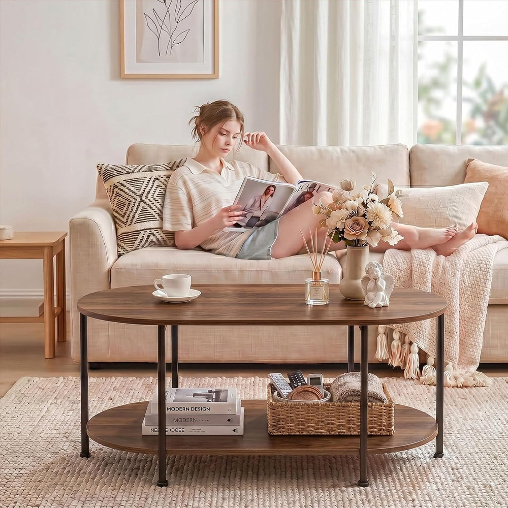 Coffee Table for Living Room, 39" Oval Coffee Table with Storage, 2-Tier...