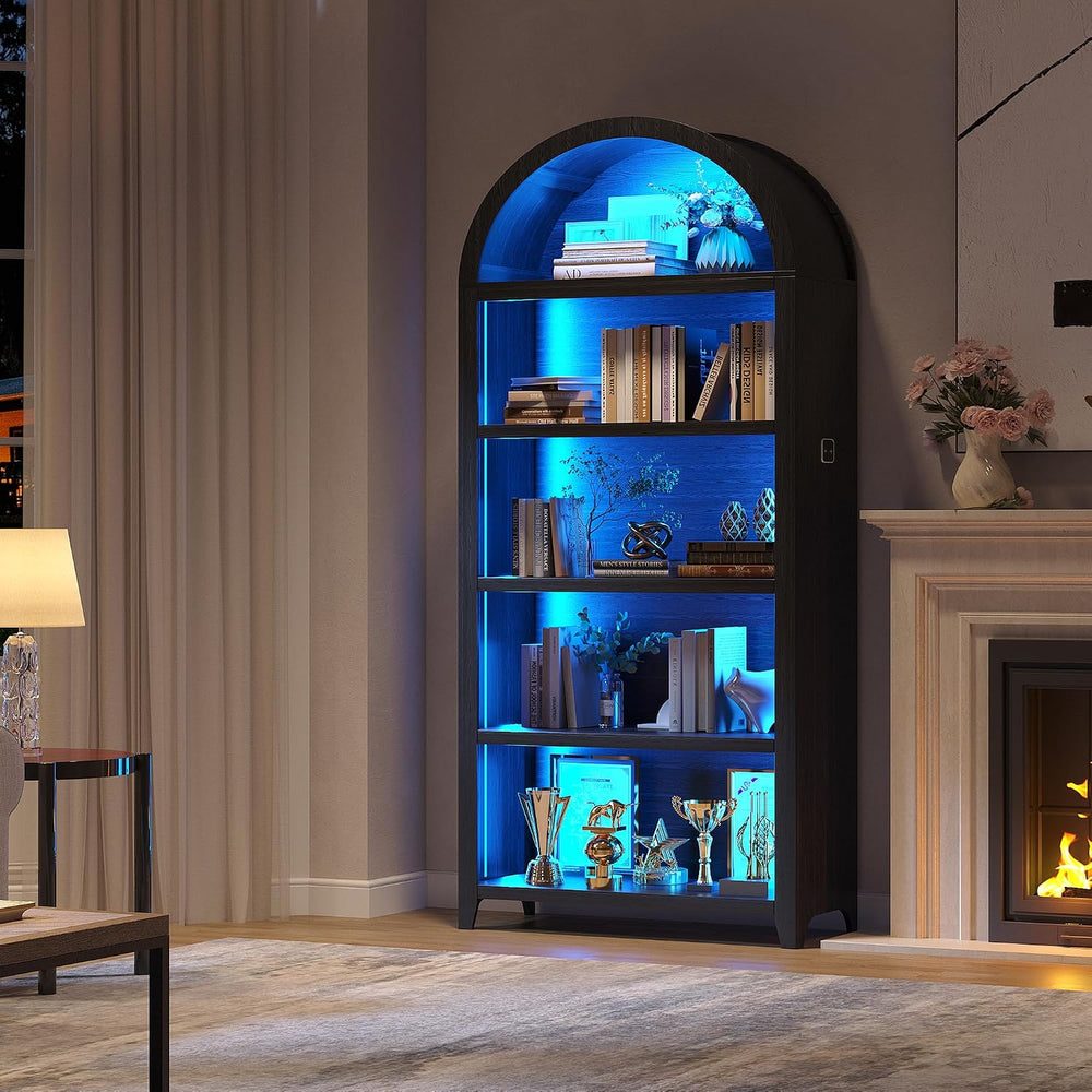 5-Tiber Arched Bookcase with 3-Color Lights & Motion Sensor, Black