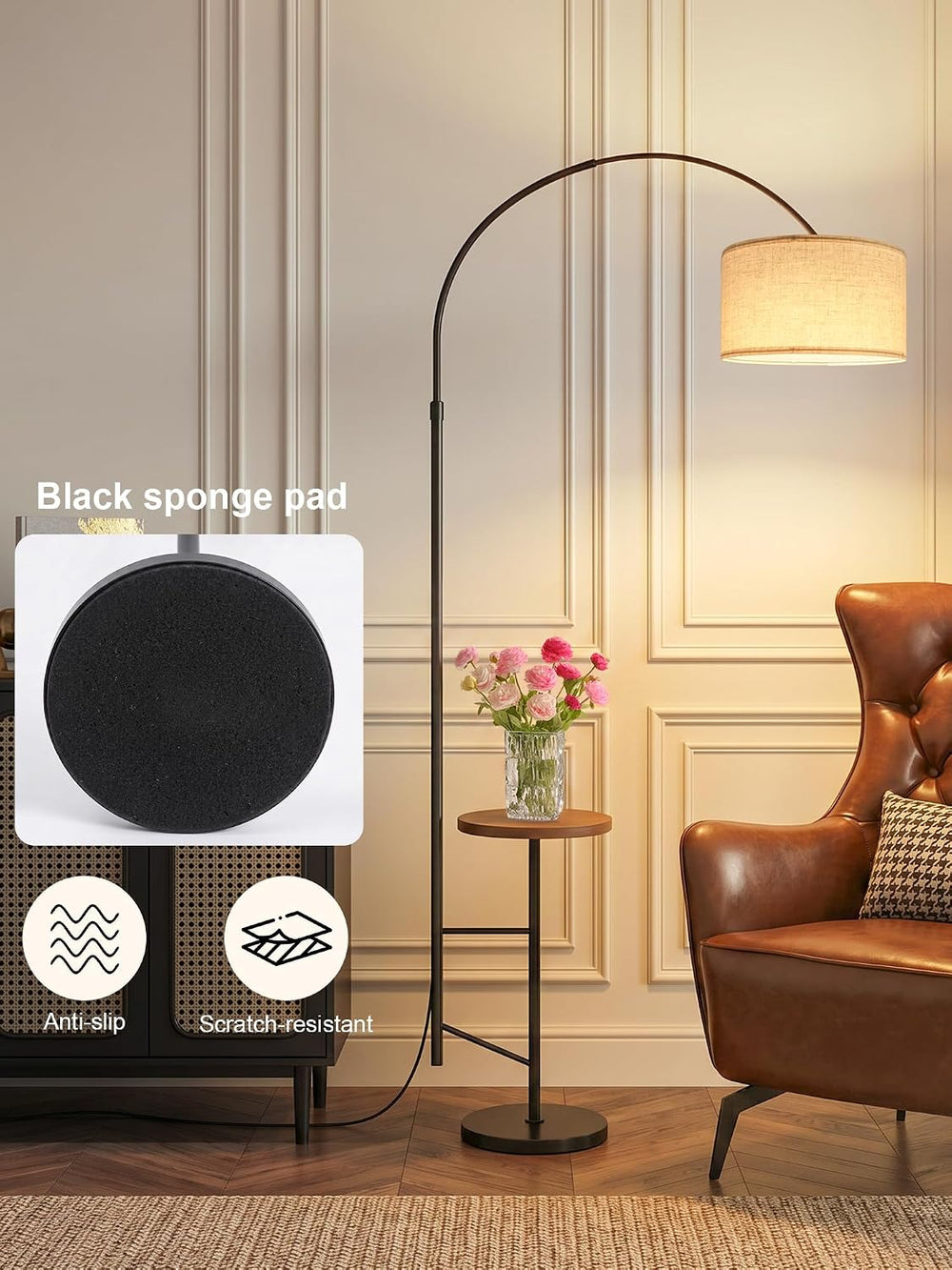 Arc Floor Lamp with Side Table, Height‑Adjustable With Remote Control