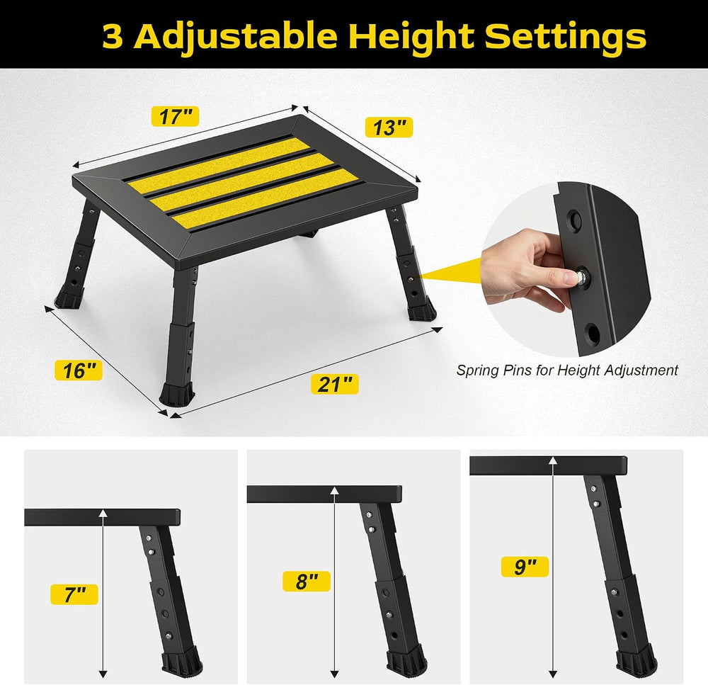 Adjustable RV Step Stool, 17" x 13" Wide Platform, Foldable Legs