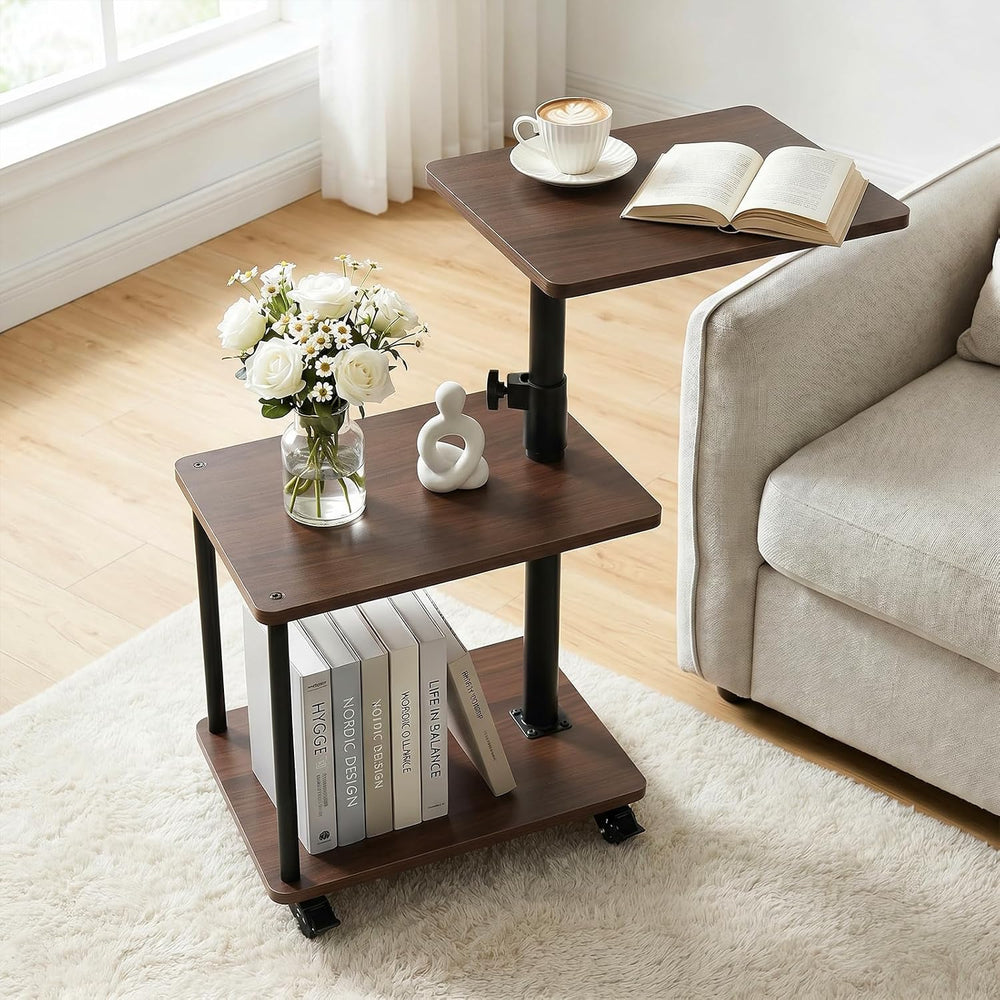 Side Table with Wheels, Adjustable End Table, Walnut-Look