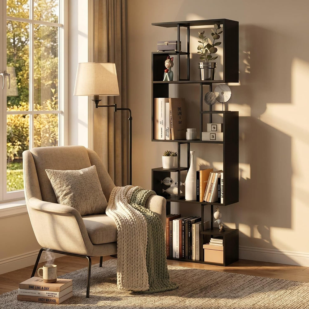 Manora Modern Geometric Bookshelf, 4-Tier Tall Bookcase with Open Display She...