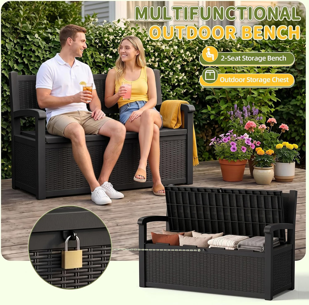 120 Gallon Outdoor Storage Bench Lockable, Rattan Black