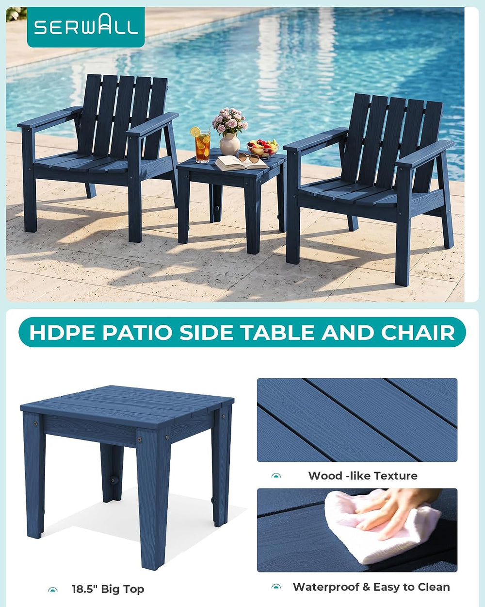 SERWALL Low Back Bistro Set-utdoor Adirondack Chairs and Side Table-Navy