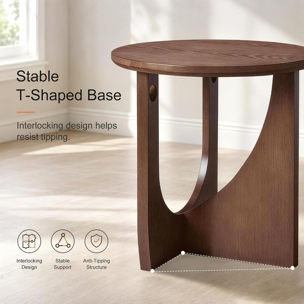 Round Side Table, 19.7" Solid Wood End Table, Mid Century Modern, Walnut