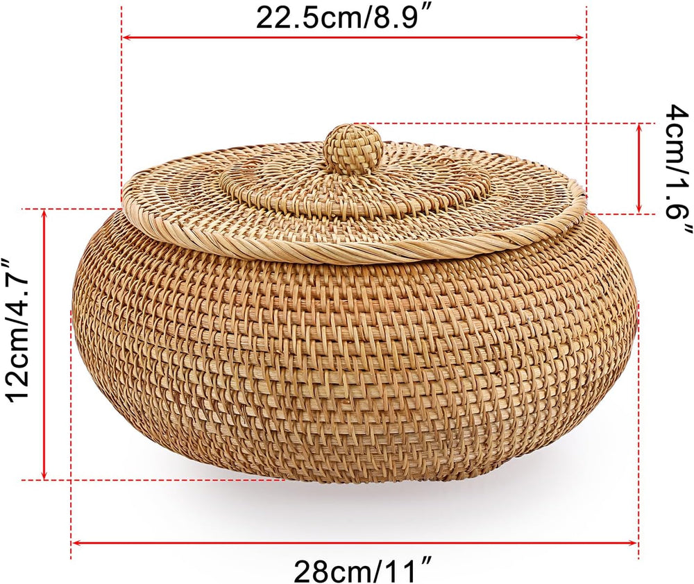 Hipiwe Round Rattan Boxes with Lid Natural Woven Picnic Storage Basket Bin