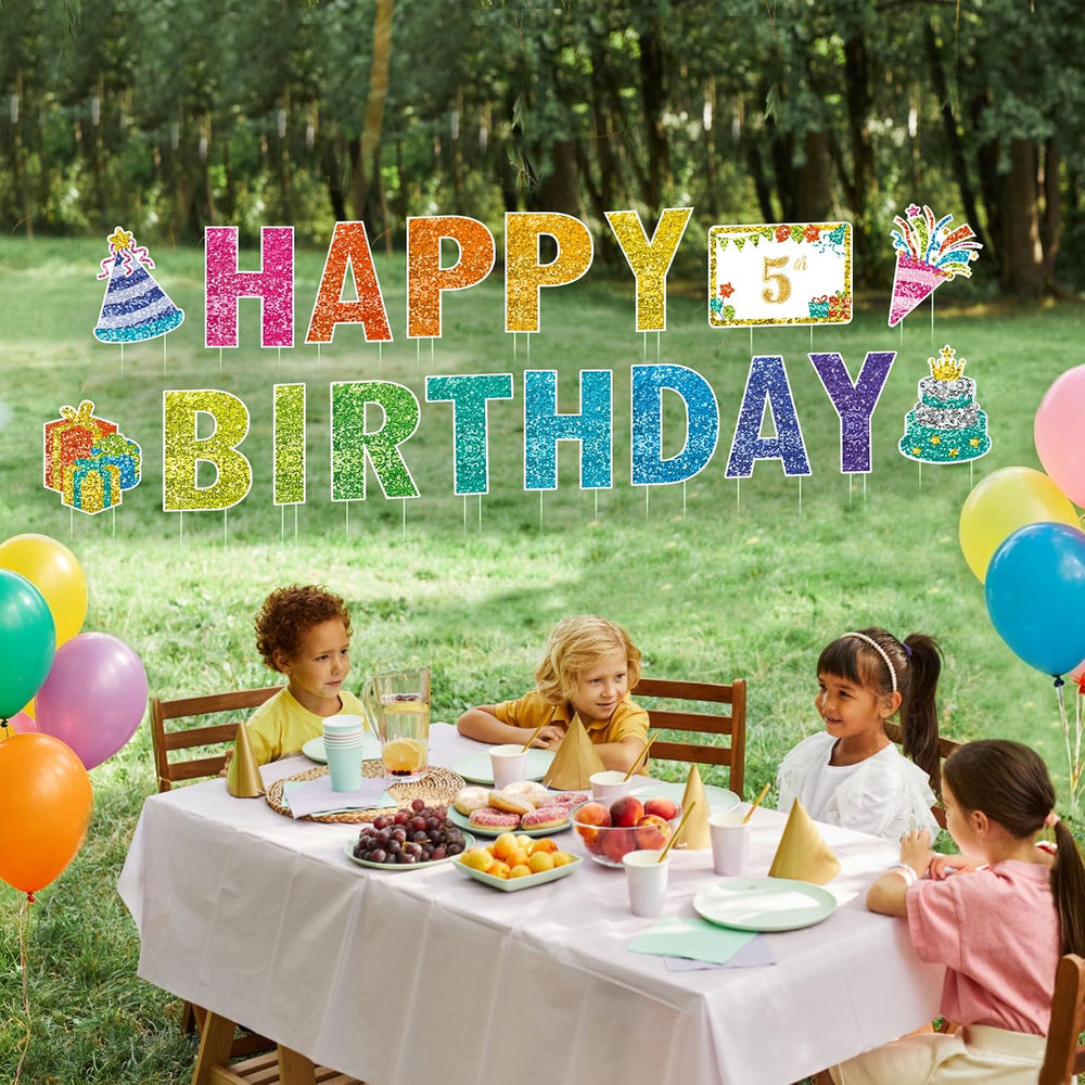 18 Pcs Happy Birthday Yard Sign with 49.2 ft Led Light, Large Rainbow Happy B...