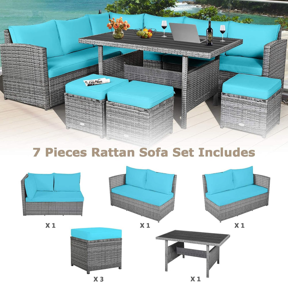 HAPPYGRILL 7 Pieces Rattan Wicker Patio Conversation Set (Turquoise)