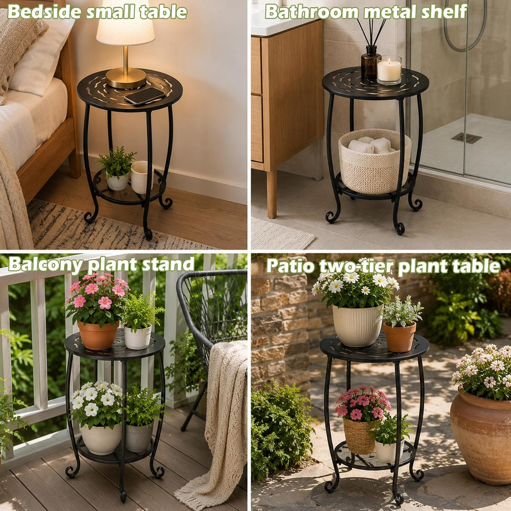 2-Tier Metal Round Side Table Set of Two Black Accent Coffee Tables Small Spa...