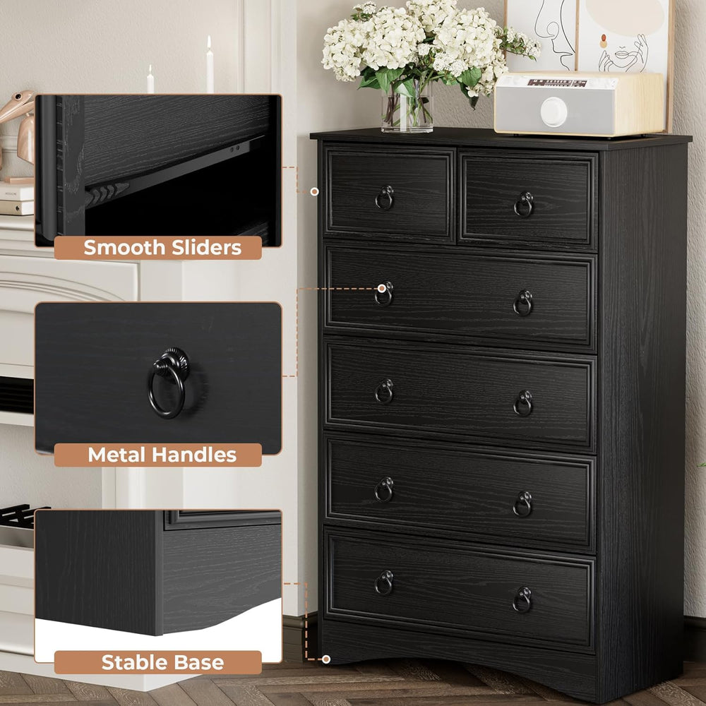 VVFLU 48'' Tall Black Dresser with 6 Drawers Chest of Drawers for Bed...