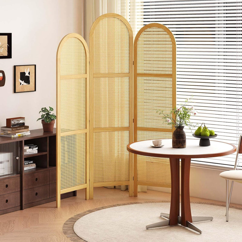 3-Panel Hand-Woven Rattan Room Divider, Tall Foldable Privacy Screen with Woo...