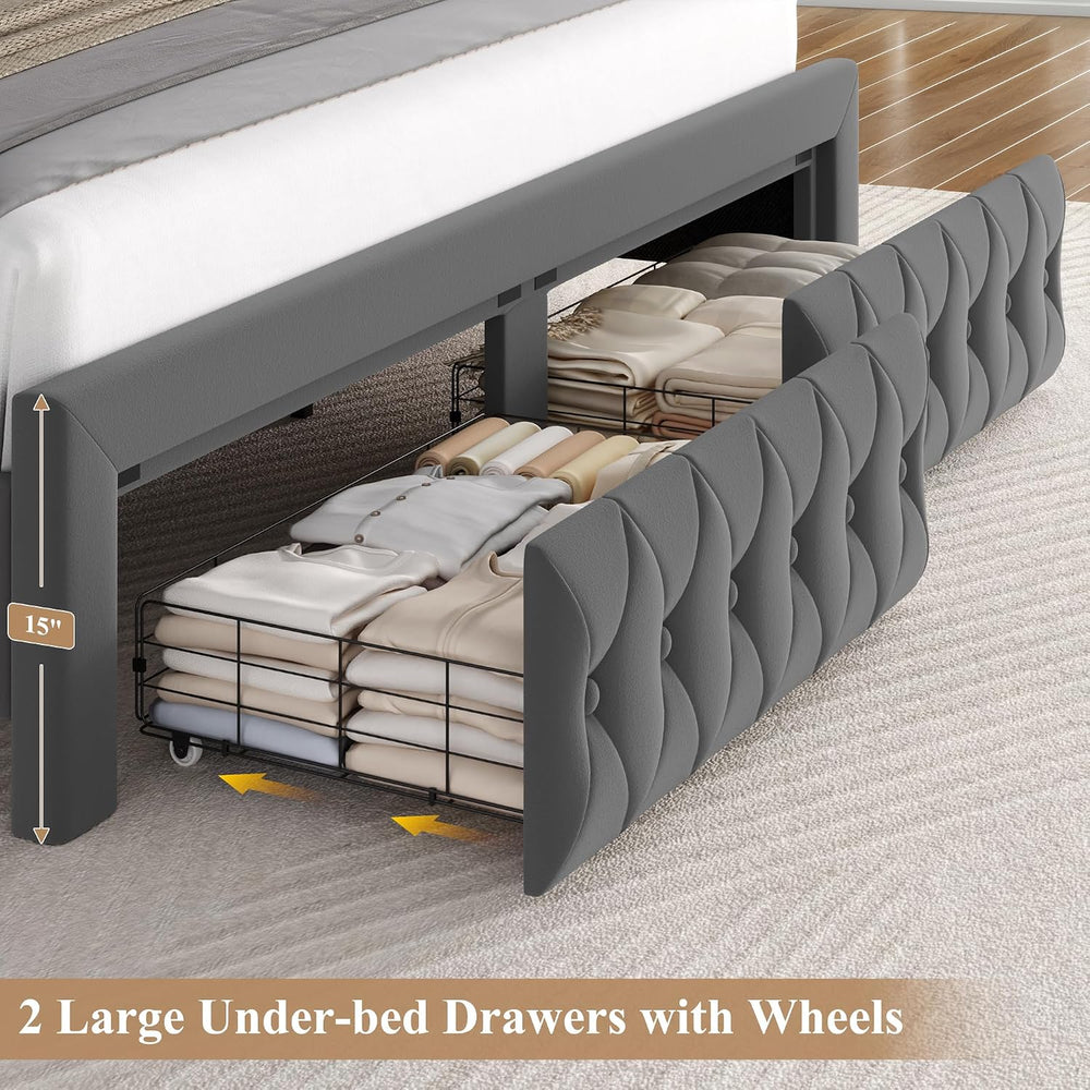 King Bed Frame 55" Tall Headboard with LED Lights, Buttons Tufted Velvet...