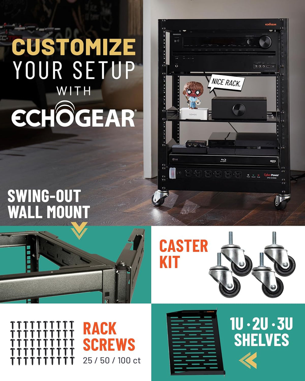 ECHOGEAR 15U Open Frame Rack w/Optimal Air Flow, DIY Assembly, 20.4” Depth