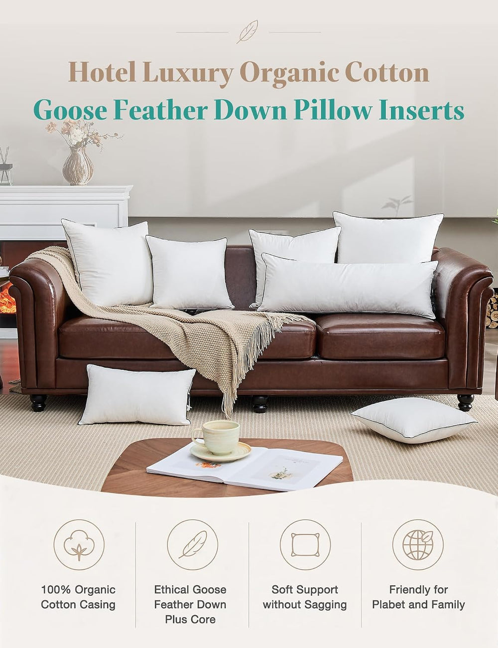 APSMILE Goose Feather Down Throw Pillow Inserts 18x18 Inch, Set of 2