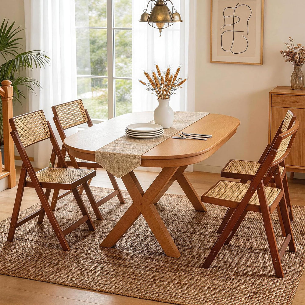 Rattan Dining Chairs Walnut Natural Resin Rattan Chair Foldable 4 Pack