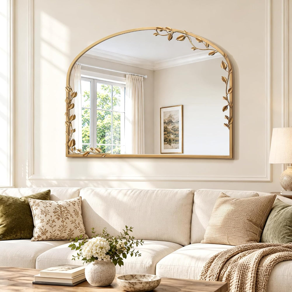 Besdomus Ornate Arched Wall Mirror: 40"x30" Large Gold Fireplace Mi...