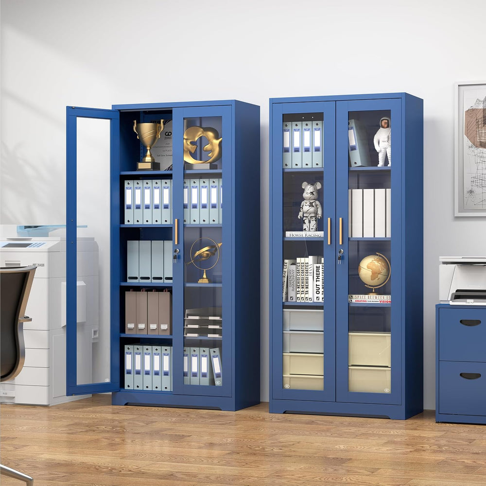 Polup 71" Blue Metal Glass Display Cabinet with Security Lock
