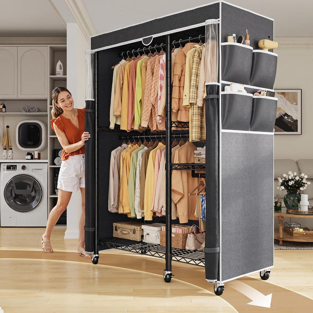 Raybee Clothes Rack with Cover, Rolling Portable Closet, 4 Hanging Zones