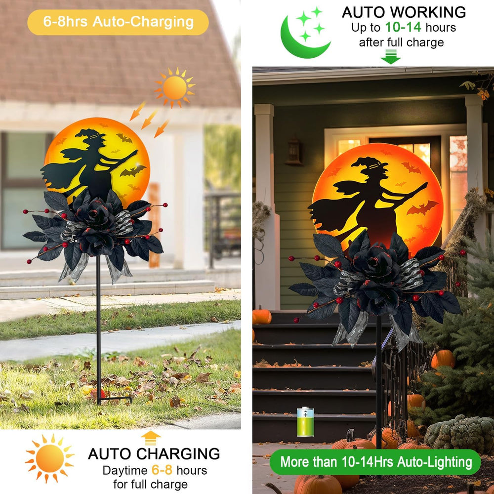 Solar Witch Scene Garden Stake Lights, Spooky Outdoor Yard Sign for Halloween...