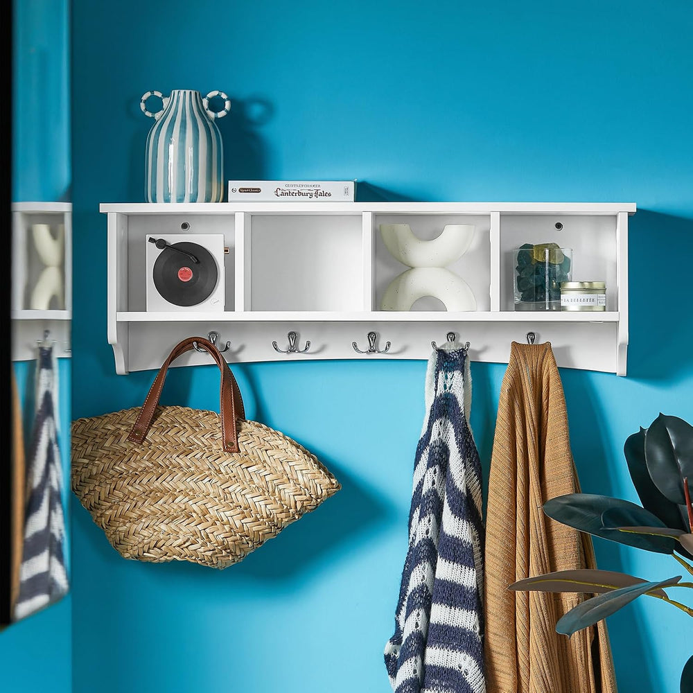 Haotian White Wall Shelf with Coat Hooks, Wall Coat Rack Entryway, Display St...